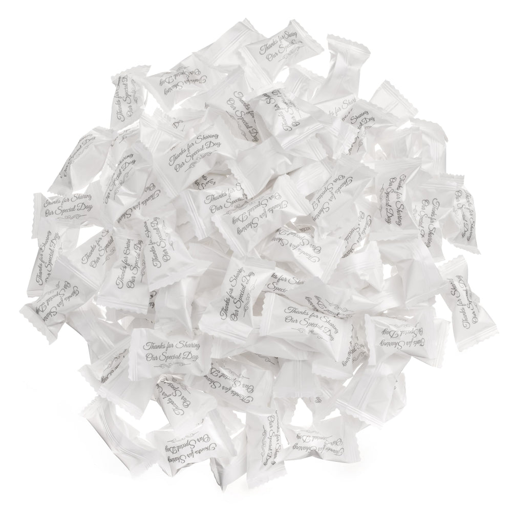 Mints arranged in a candy dish for a wedding reception.