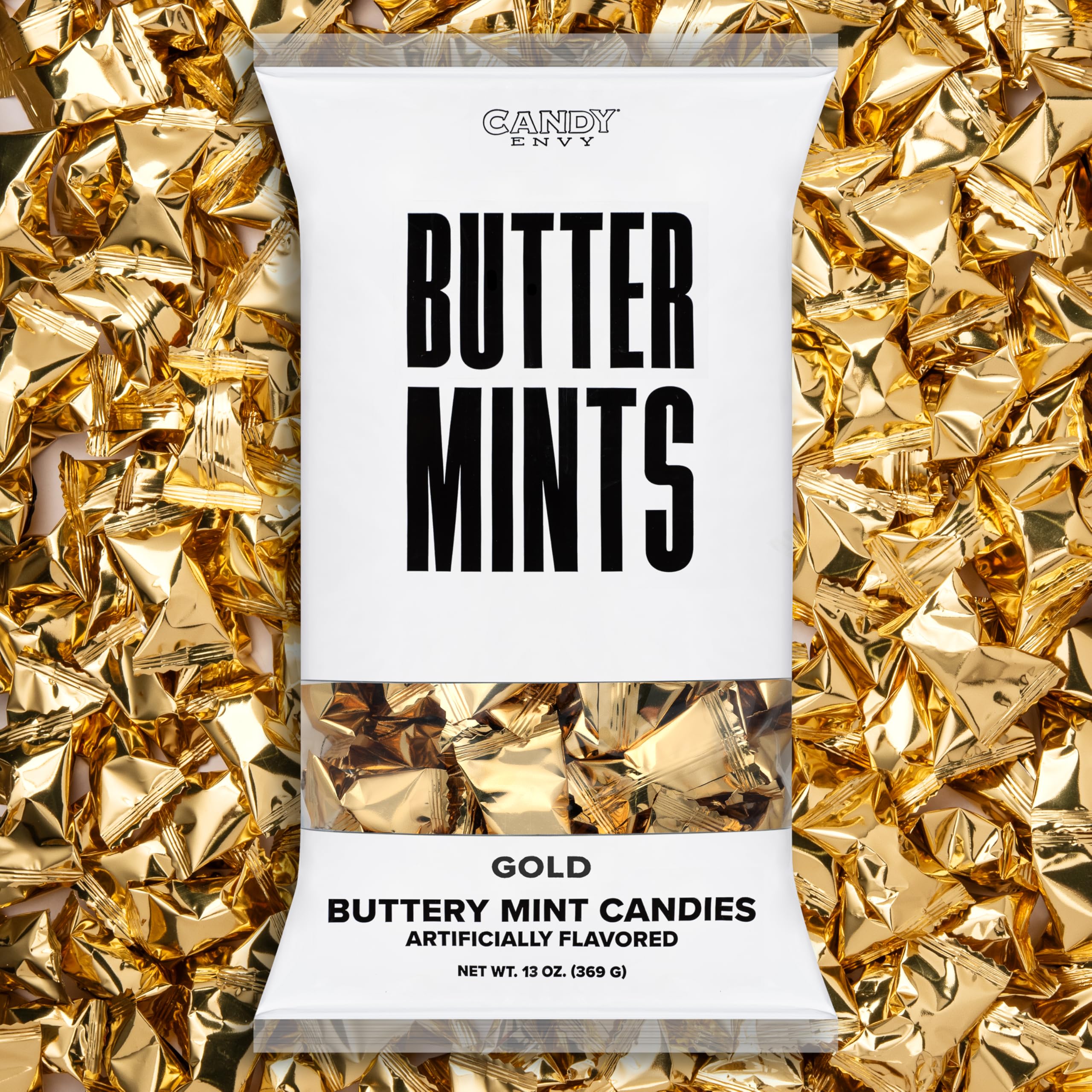 Candy Envy gold foil wrapped buttermints in 13 oz bag for elegant tastings.