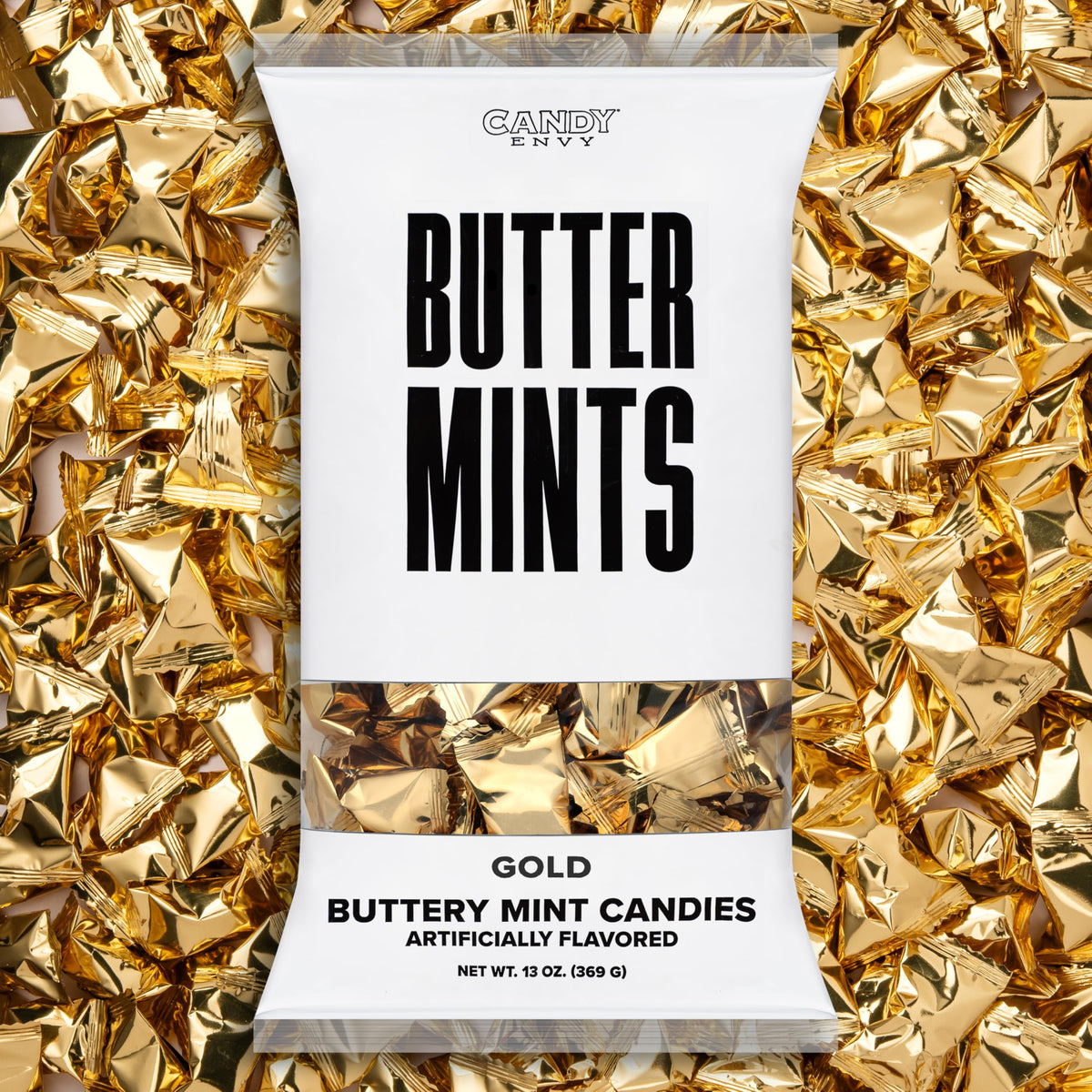 Candy Envy gold foil wrapped buttermints in 13 oz bag for elegant tastings.