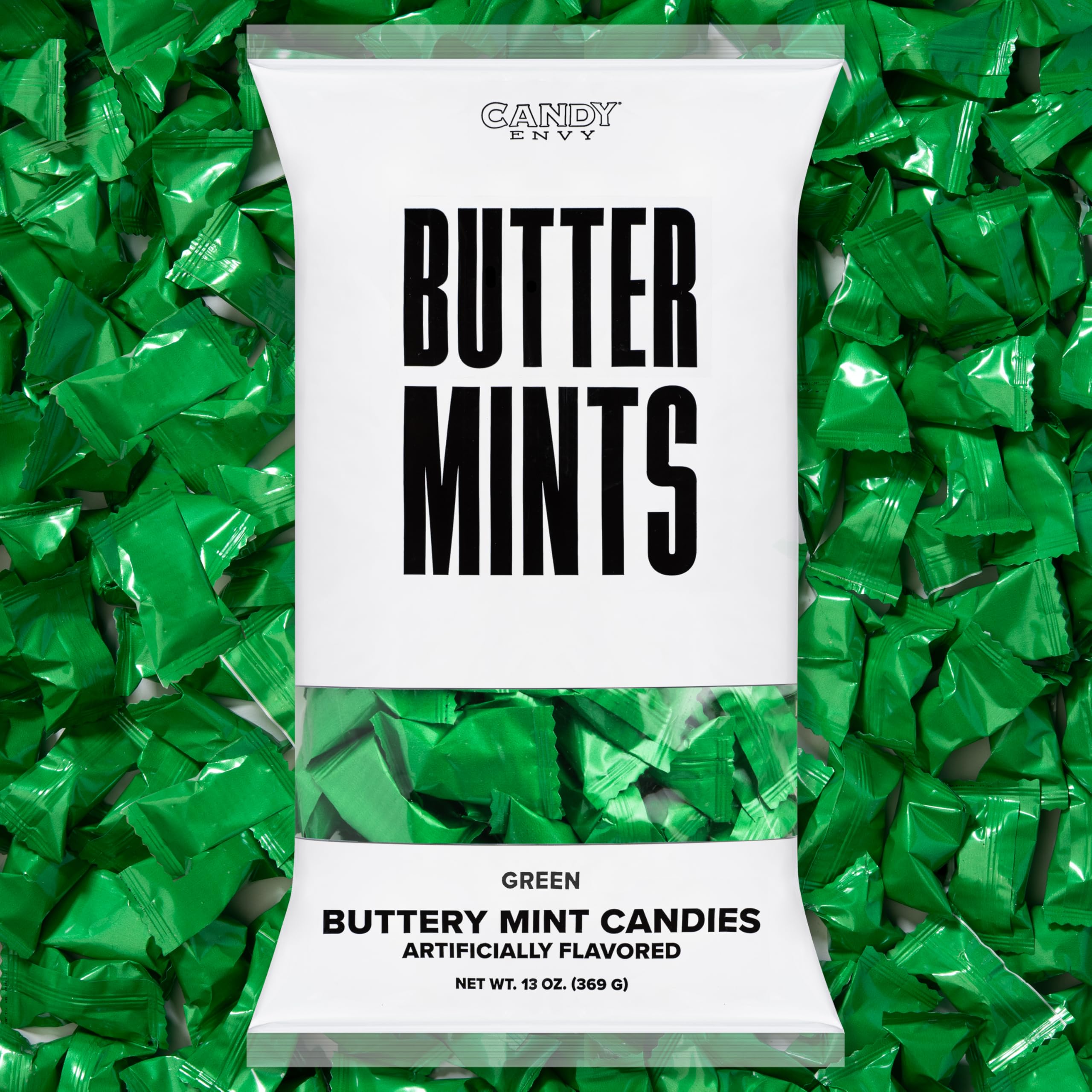Candy Envy green-wrapped buttermints 13oz bag on display, ideal for wedding favors