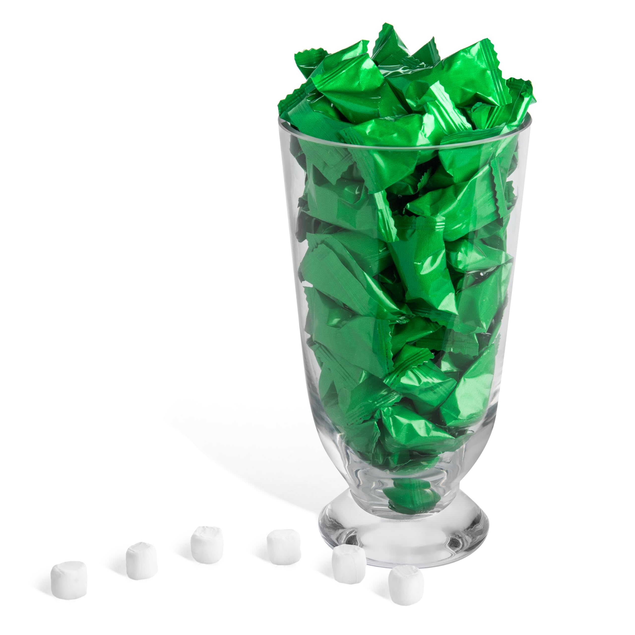 Close-up of Candy Envy green-wrapped buttermints highlighting melt-in-your-mouth texture