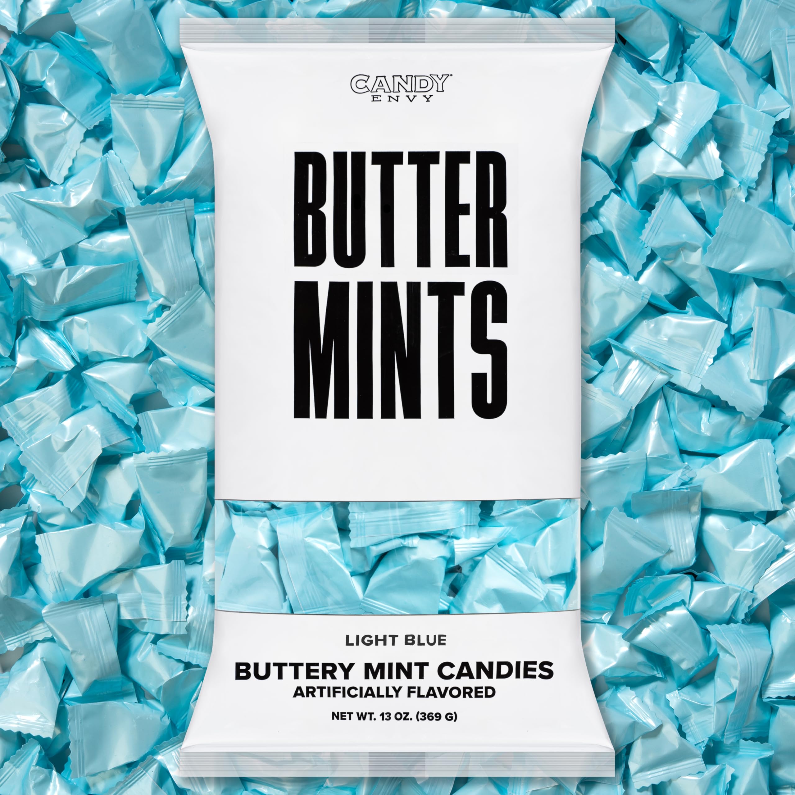 Candy Envy light blue wrapped buttermints in a 13 oz bag for weddings