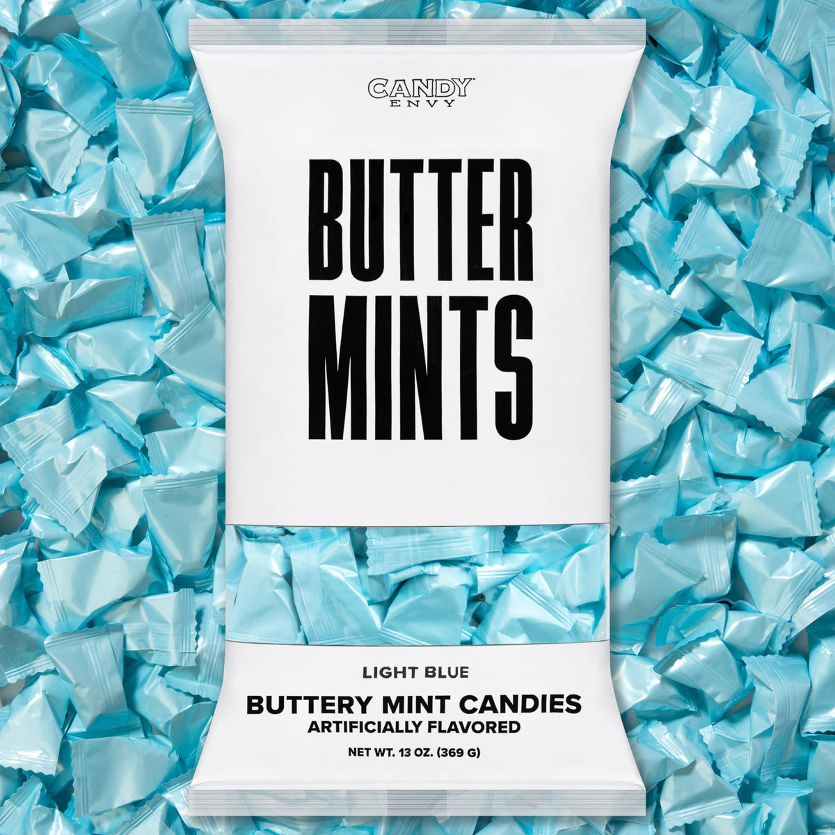 Candy Envy light blue wrapped buttermints in a 13 oz bag for weddings