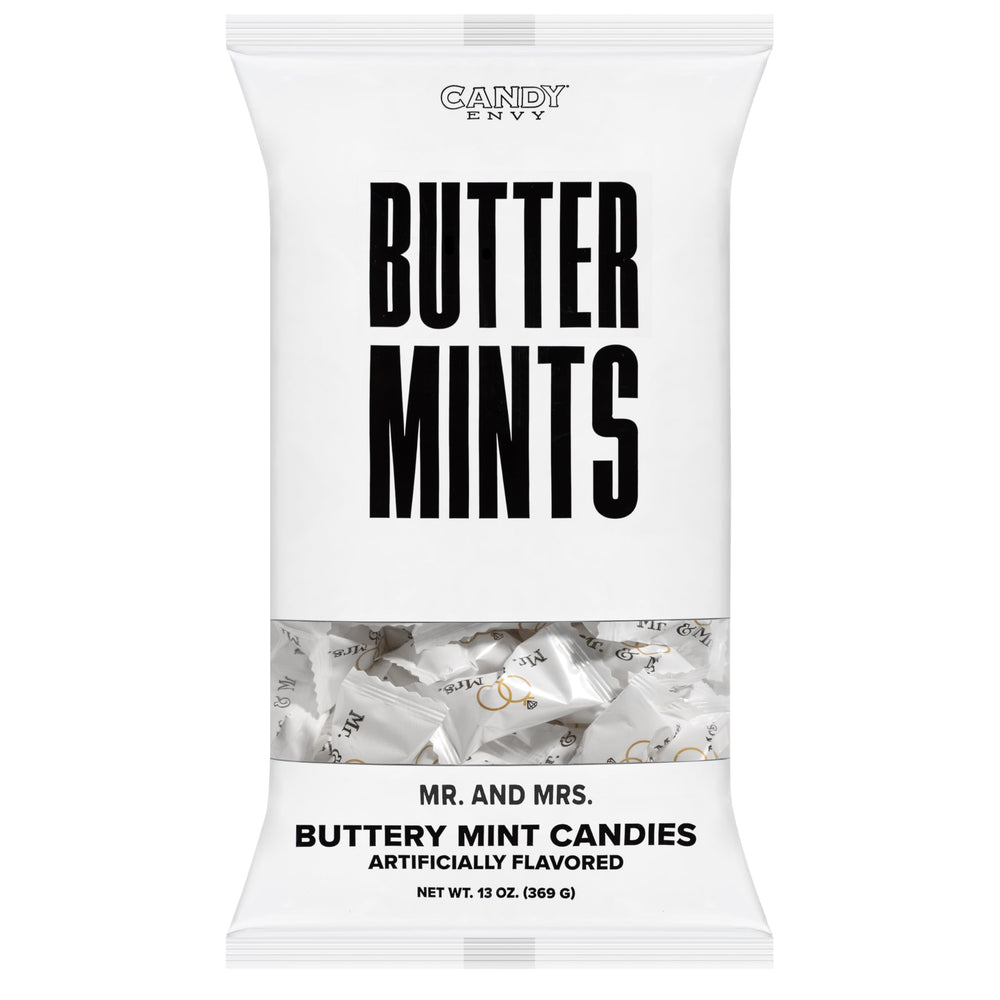 Candy Envy Mr. and Mrs. Buttermints wedding favor presentation options.