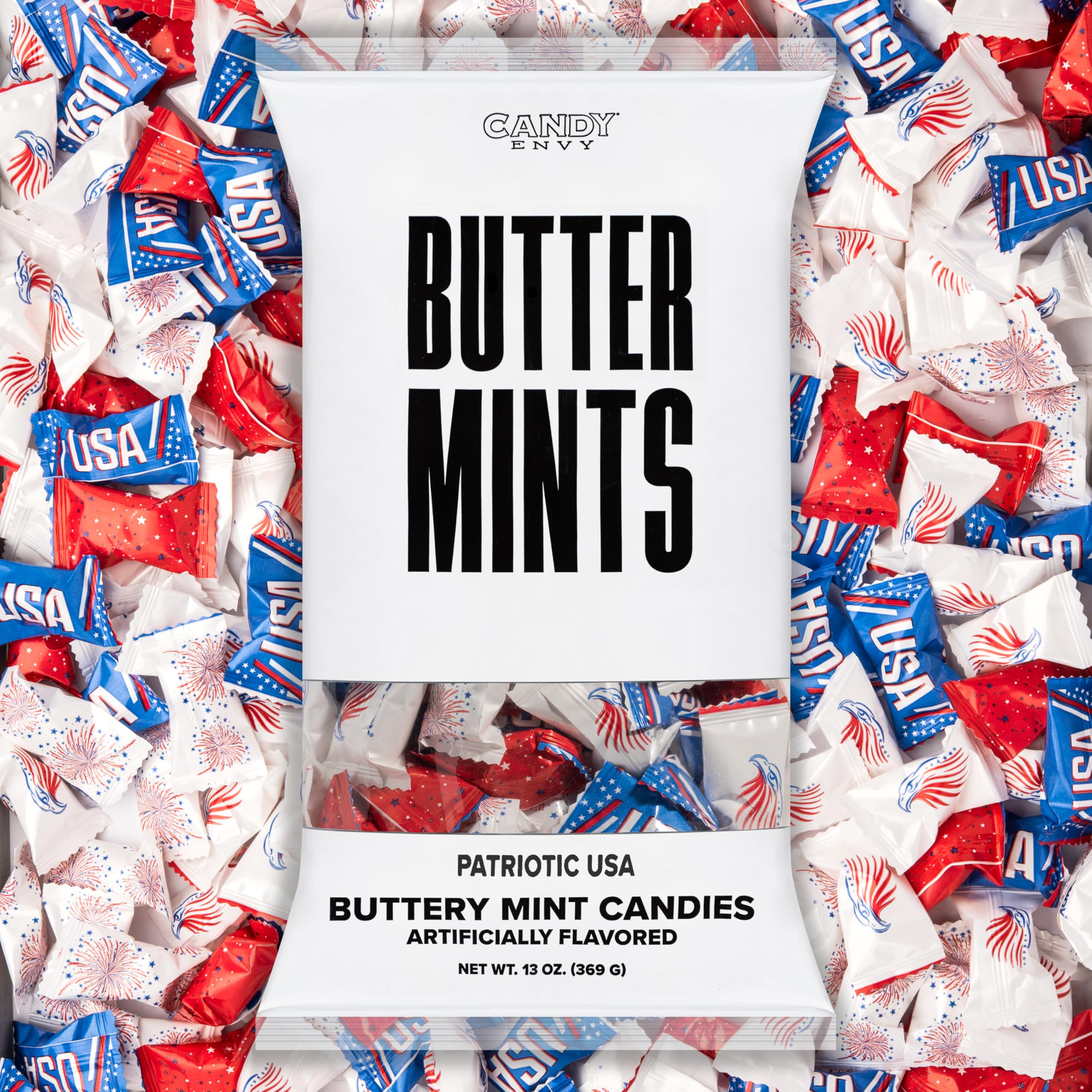 Candy Envy patriotic USA buttermints in a 13oz bag, ideal for patriotic parties.