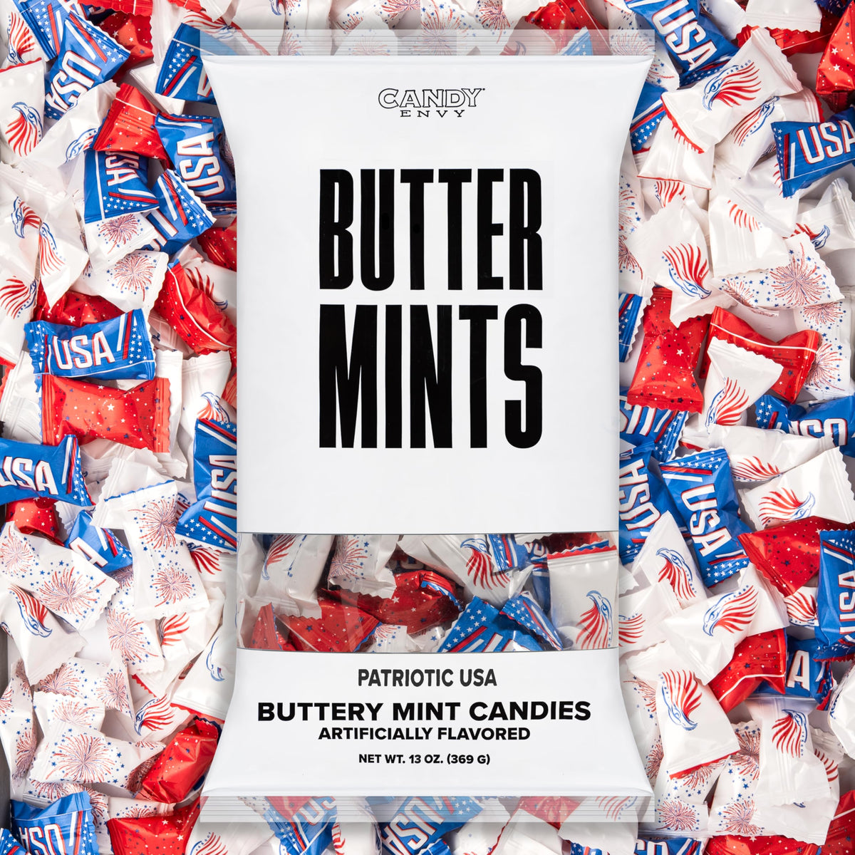 Candy Envy patriotic USA buttermints in a 13oz bag, ideal for patriotic parties.