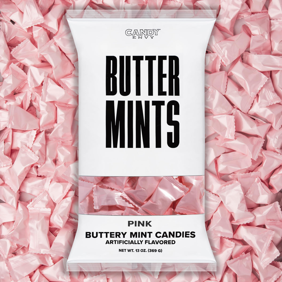 Candy Envy pink-wrapped buttermints bag displayed for celebrations and sweet snacking.