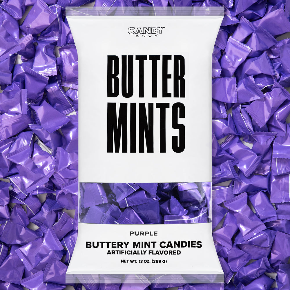 Candy Envy purple-wrapped buttermints front of bag, perfect for weddings or party favors.