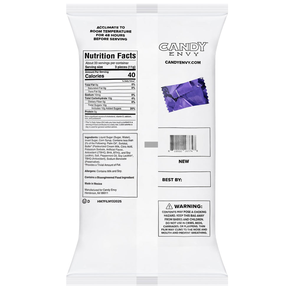 Candy Envy purple-wrapped buttermints close-up on packaging, highlighting violet wrappers for elegant display.