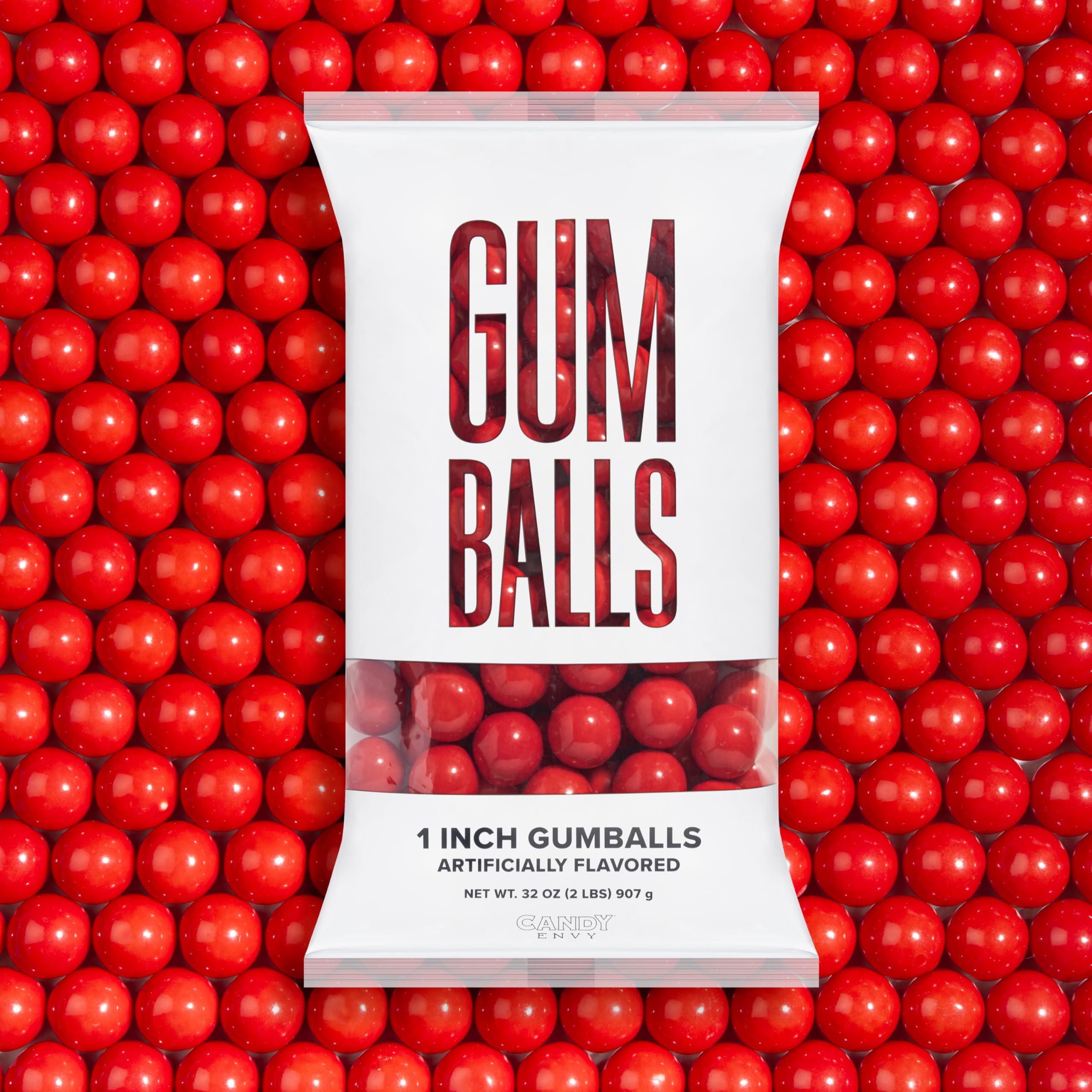 Candy Envy red 1-inch gumballs bag close-up for party favors.