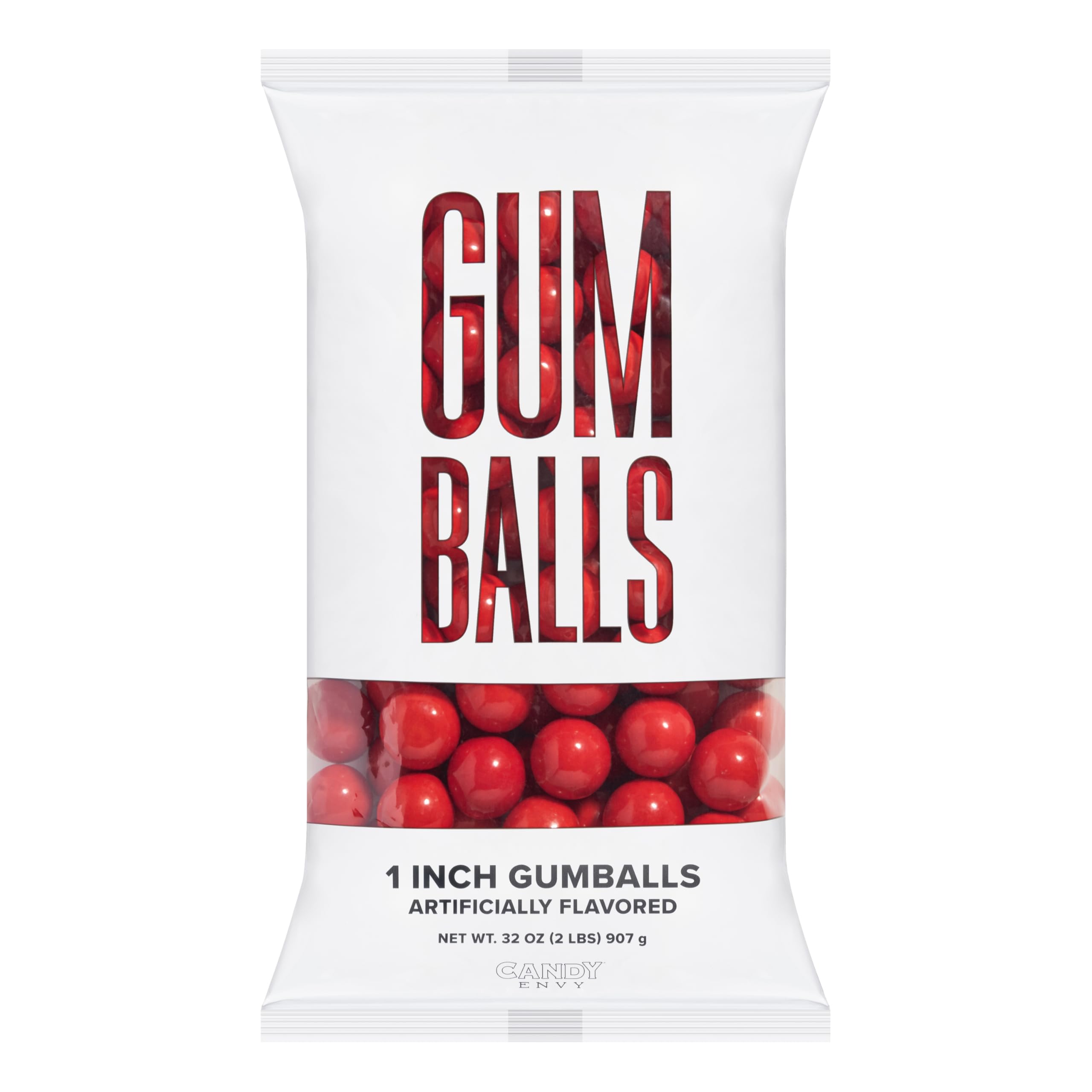Candy Envy red 1-inch gumballs pouring into dish for snacking.