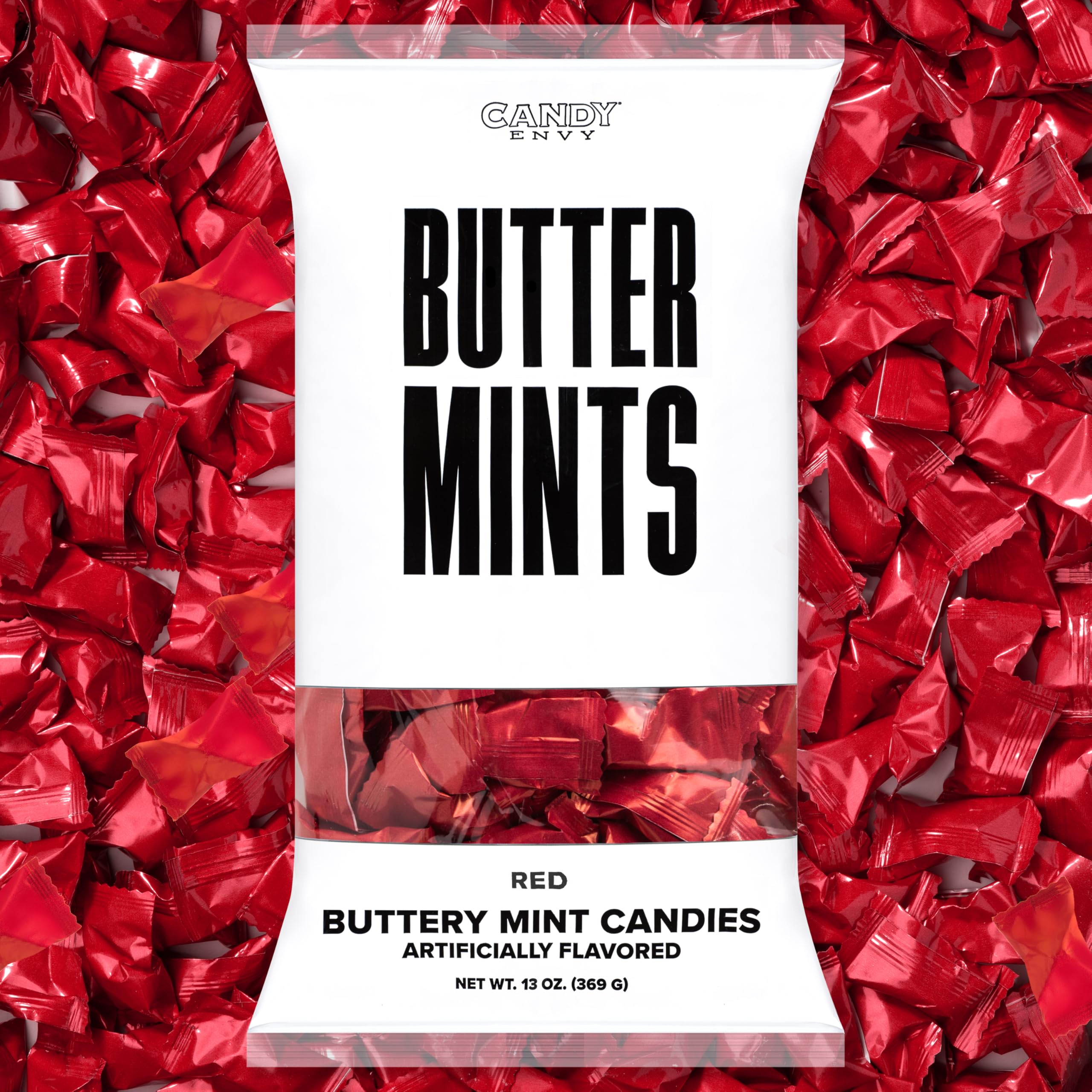 Candy Envy red-wrapped buttermints 13oz bag front view, ideal for weddings.