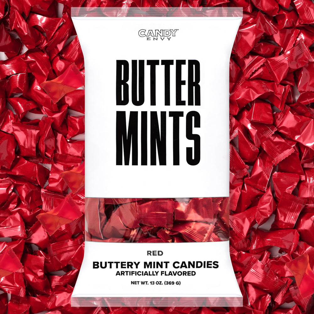 Candy Envy red-wrapped buttermints 13oz bag front view, ideal for weddings.