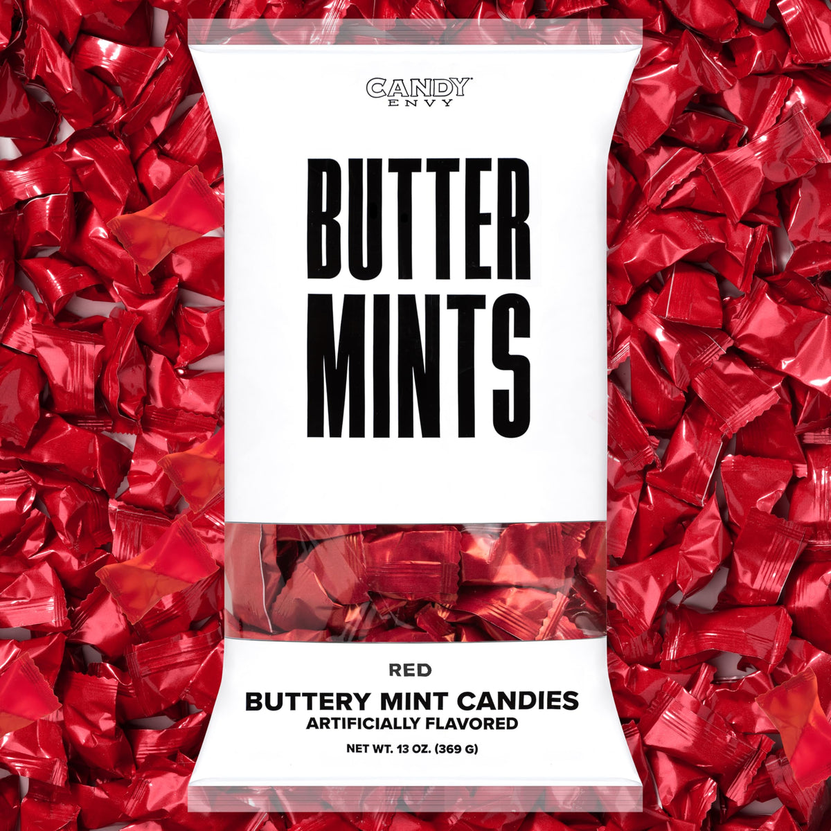 Candy Envy red-wrapped buttermints 13oz bag front view, ideal for weddings.