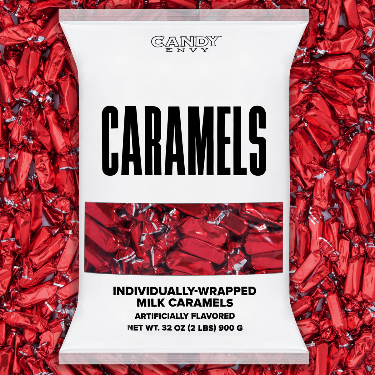 Candy Envy red-wrapped caramels arranged for gifting.
