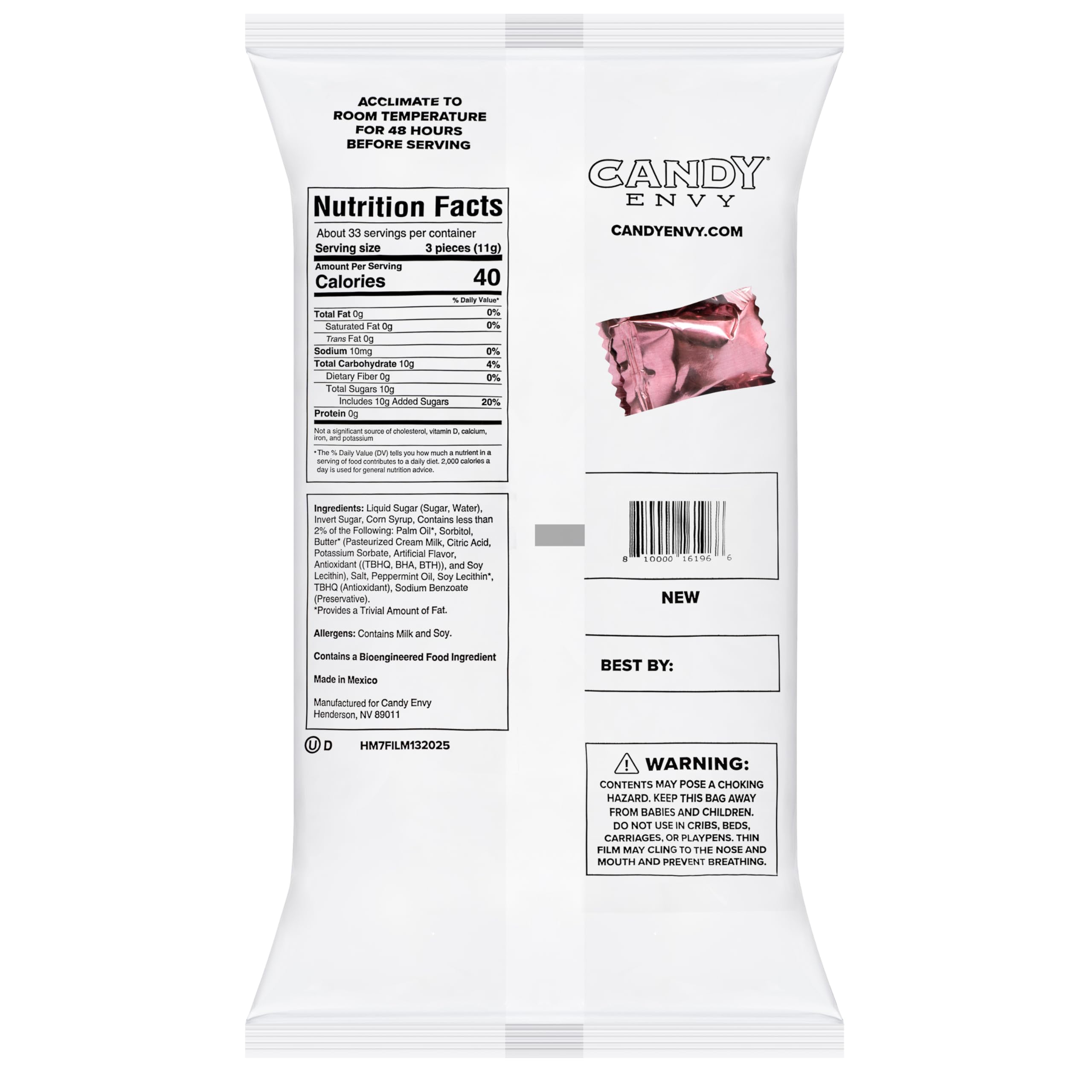 Candy Envy Rose Gold Foil Buttermints bag back highlighting 13 oz size and wrapped mints