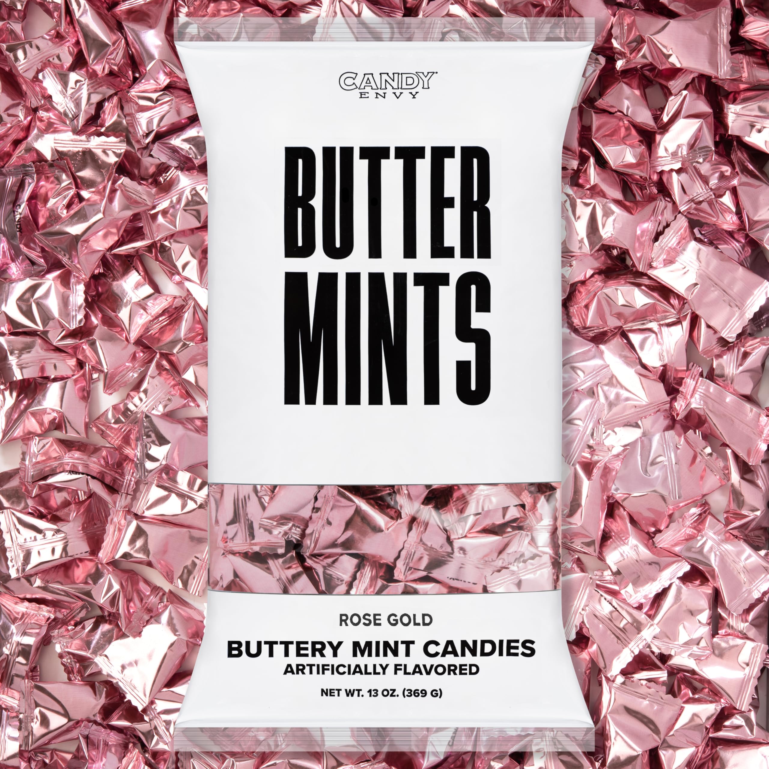 Candy Envy Rose Gold Foil Buttermints bag front showing premium wedding-ready packaging