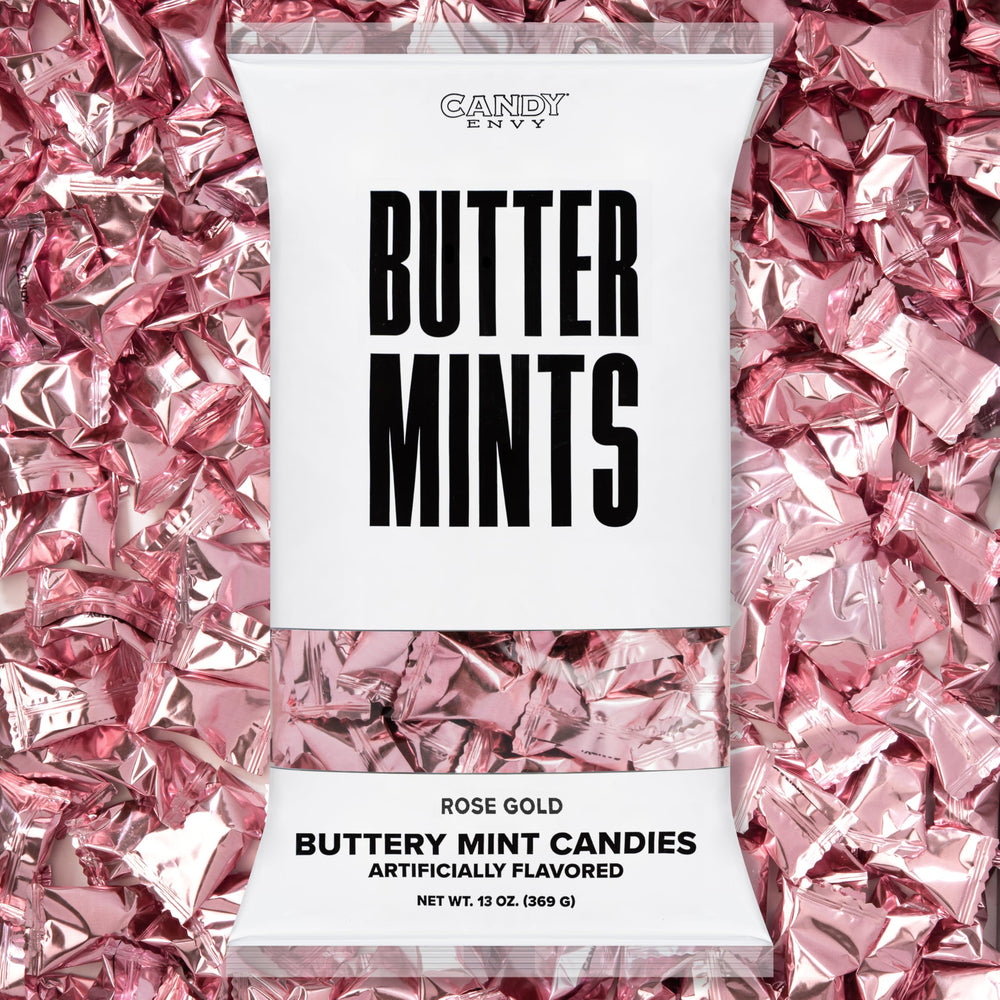 Candy Envy Rose Gold Foil Buttermints bag front showing premium wedding-ready packaging