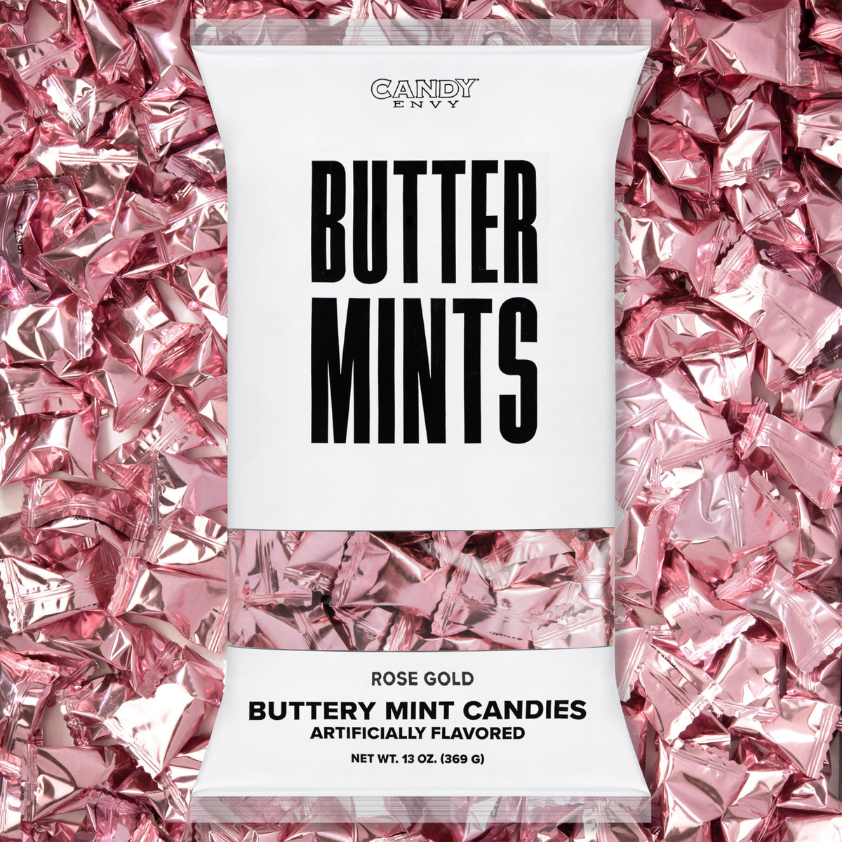 Candy Envy Rose Gold Foil Buttermints bag front showing premium wedding-ready packaging