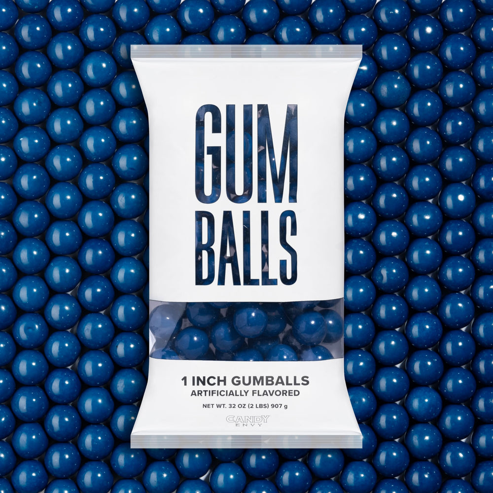 Candy Envy Royal Blue Gumballs 1-inch in a bag, ideal for party displays.