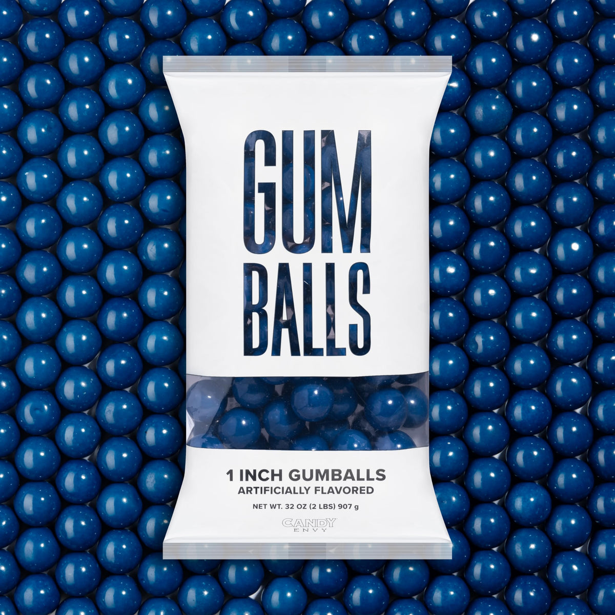Candy Envy Royal Blue Gumballs 1-inch in a bag, ideal for party displays.