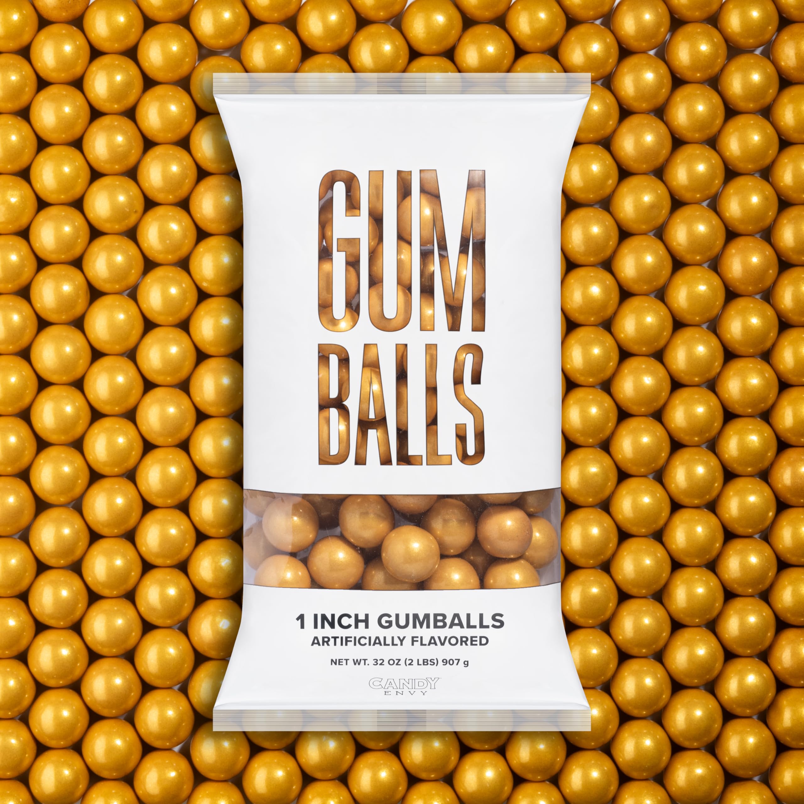 Candy Envy Shimmer Gold Gumballs, 1 inch, ideal for festive snacking.