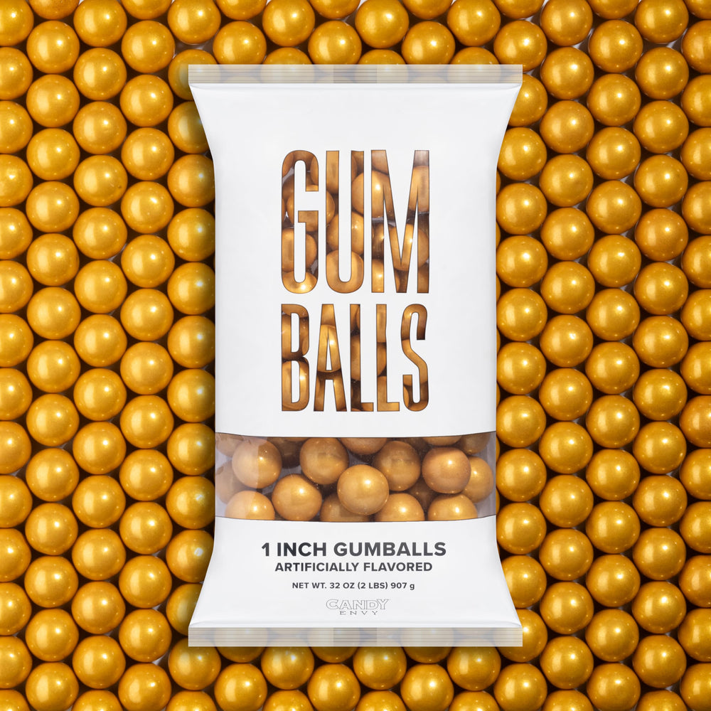 Candy Envy Shimmer Gold Gumballs, 1 inch, ideal for festive snacking.