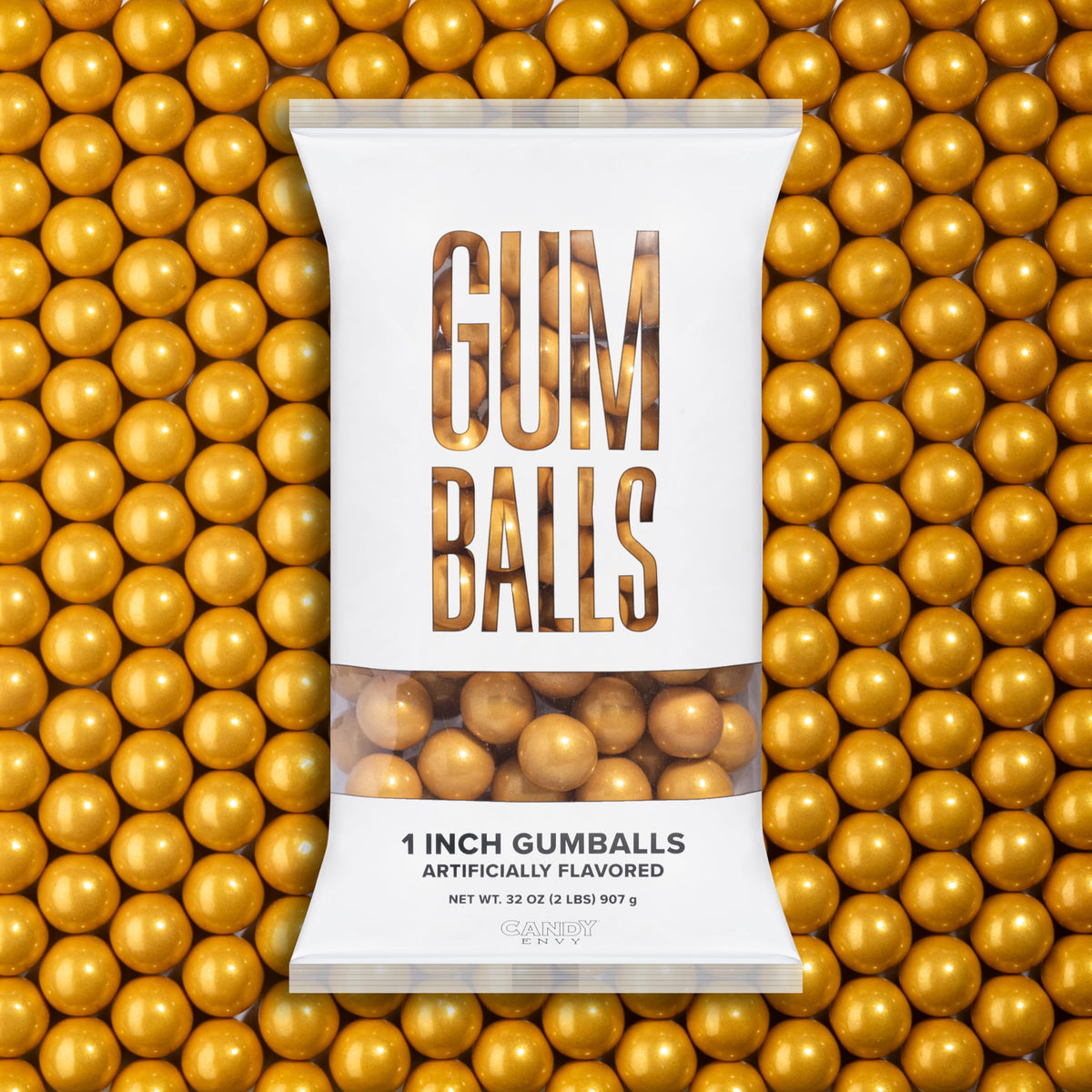 Candy Envy Shimmer Gold Gumballs, 1 inch, ideal for festive snacking.