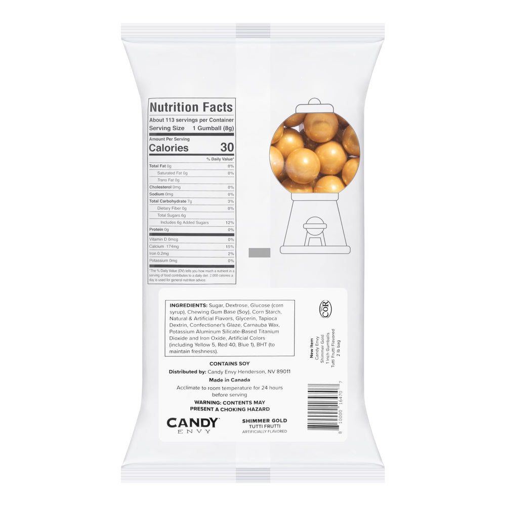 Candy Envy Shimmer Gold Gumballs in a 2 lb bag for bulk use.