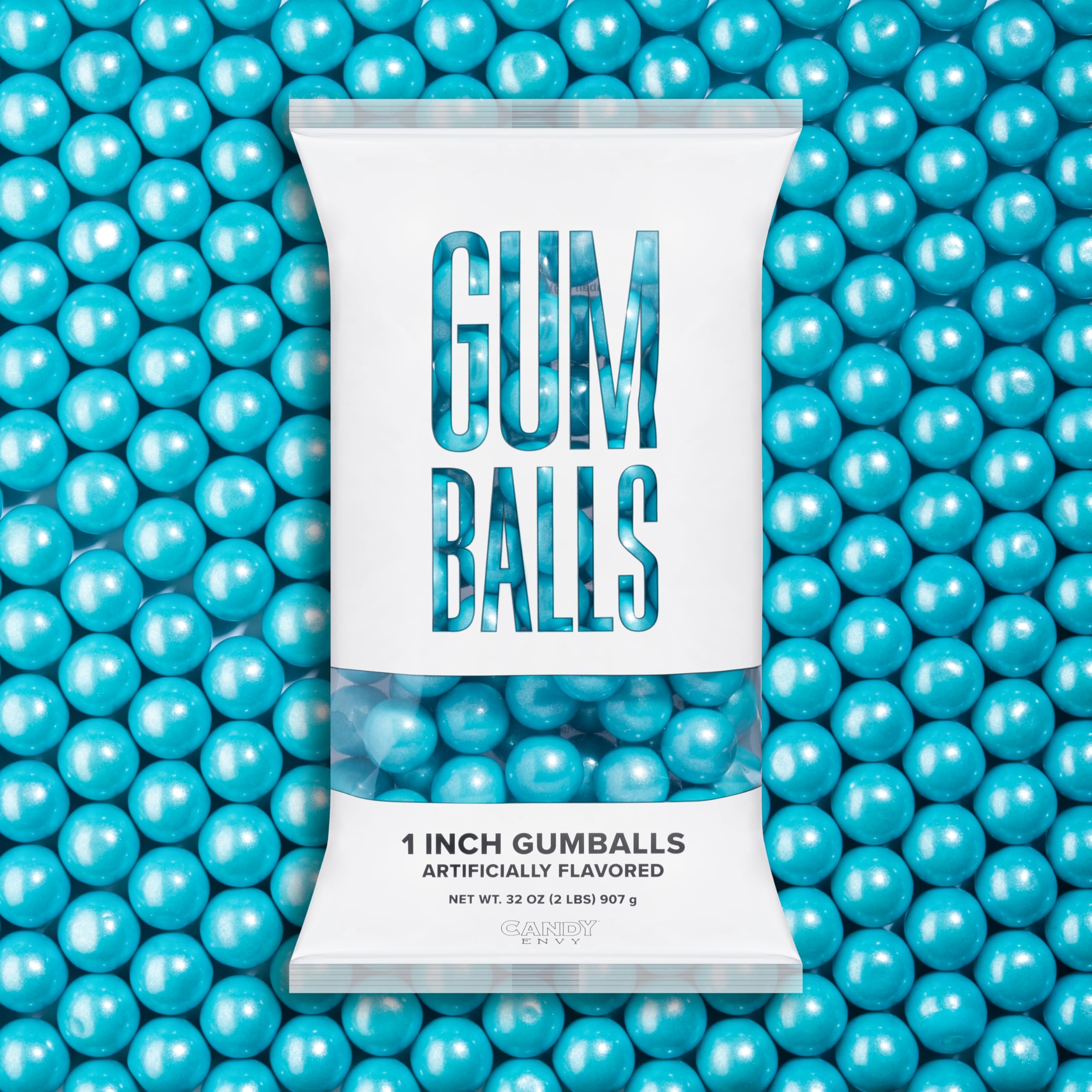 Candy Envy shimmer light blue gumballs closeup, ideal for party favors and candy buffets