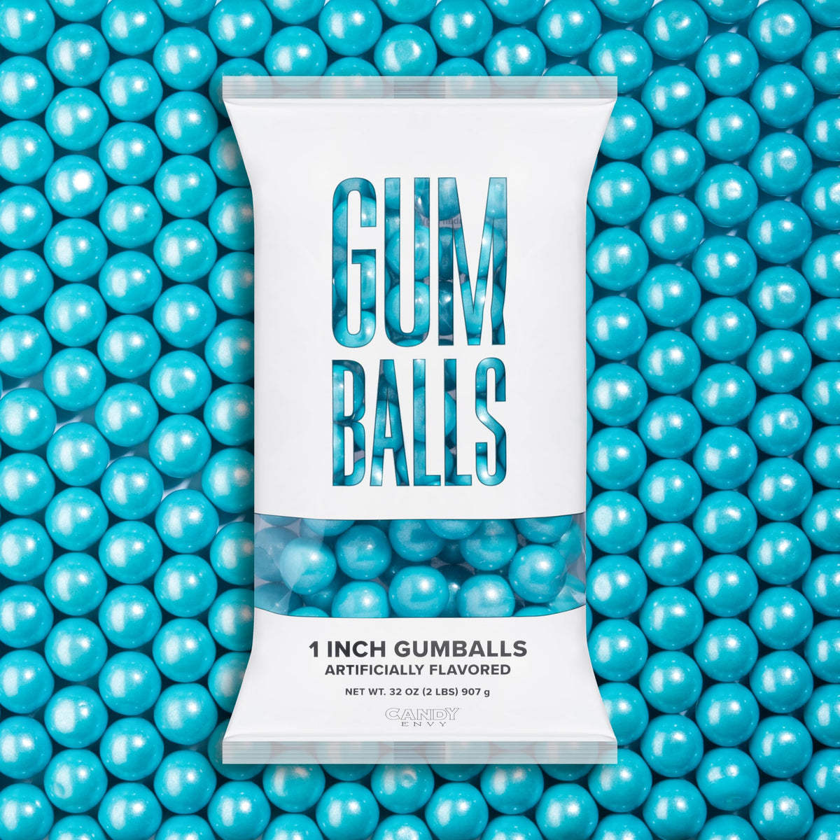 Candy Envy shimmer light blue gumballs closeup, ideal for party favors and candy buffets
