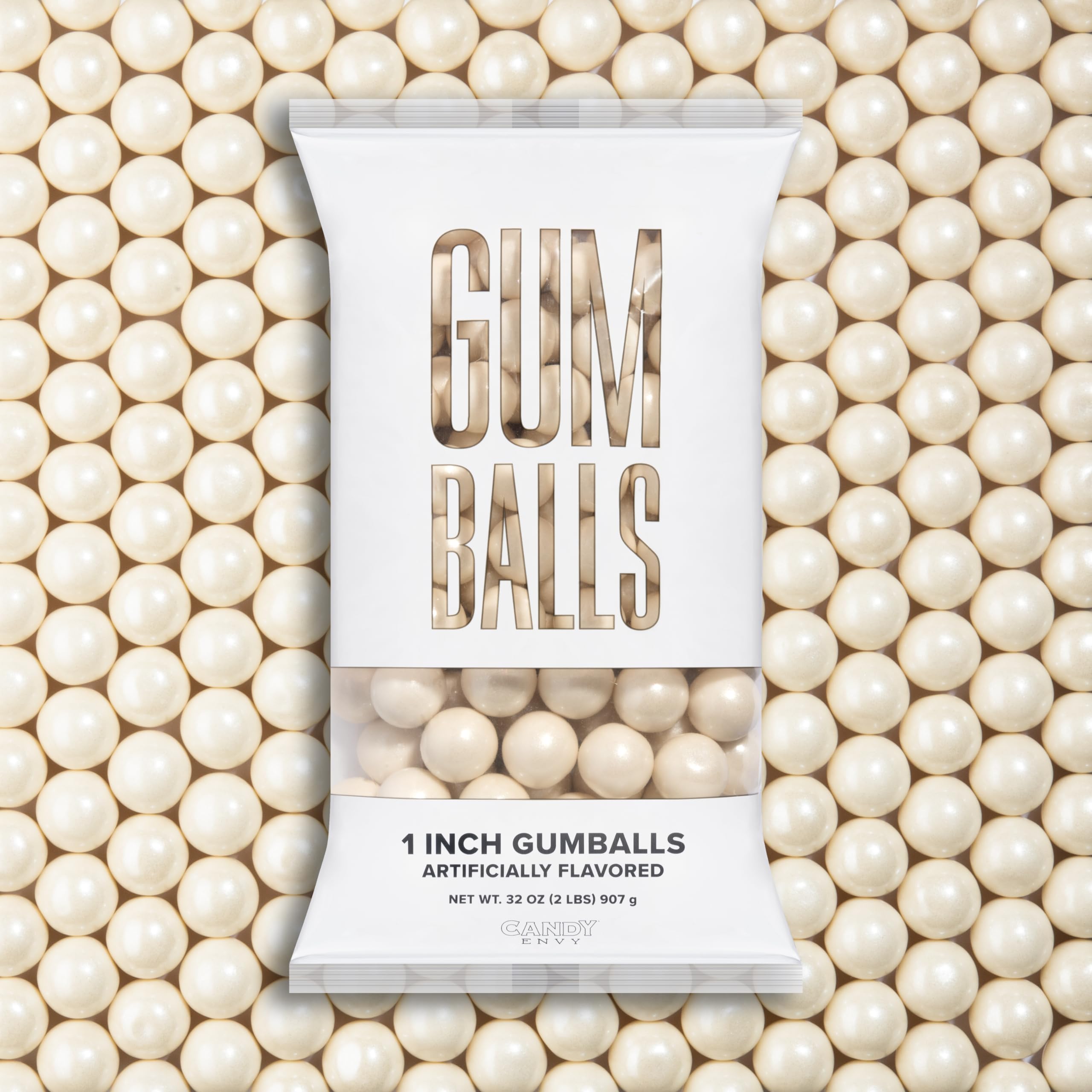 Candy Envy Shimmer White Gumballs close-up showing glossy finish for snacking