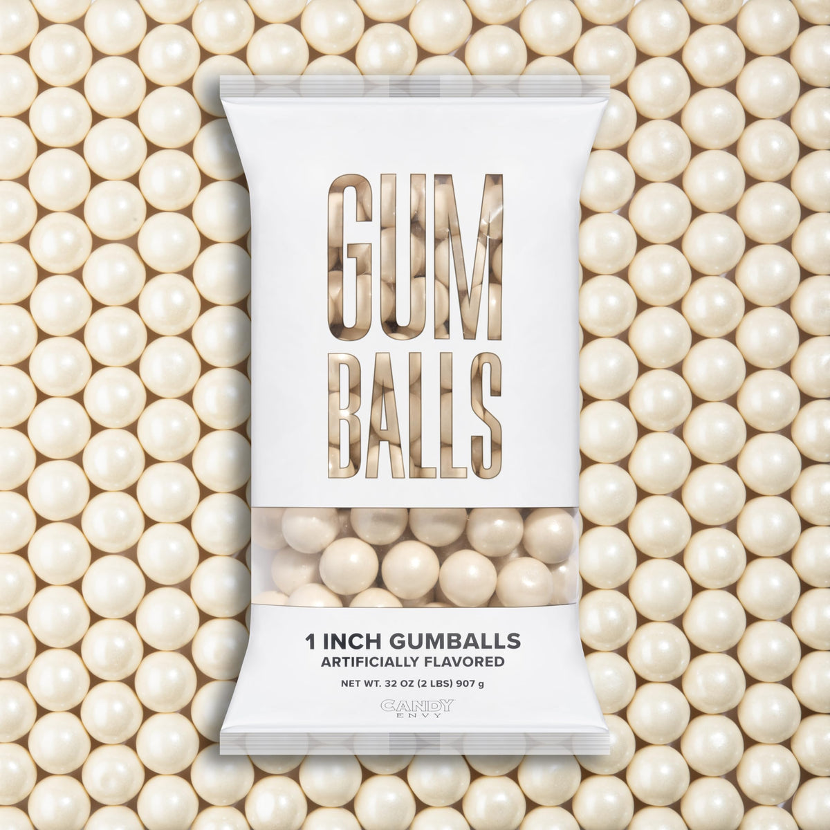 Candy Envy Shimmer White Gumballs close-up showing glossy finish for snacking