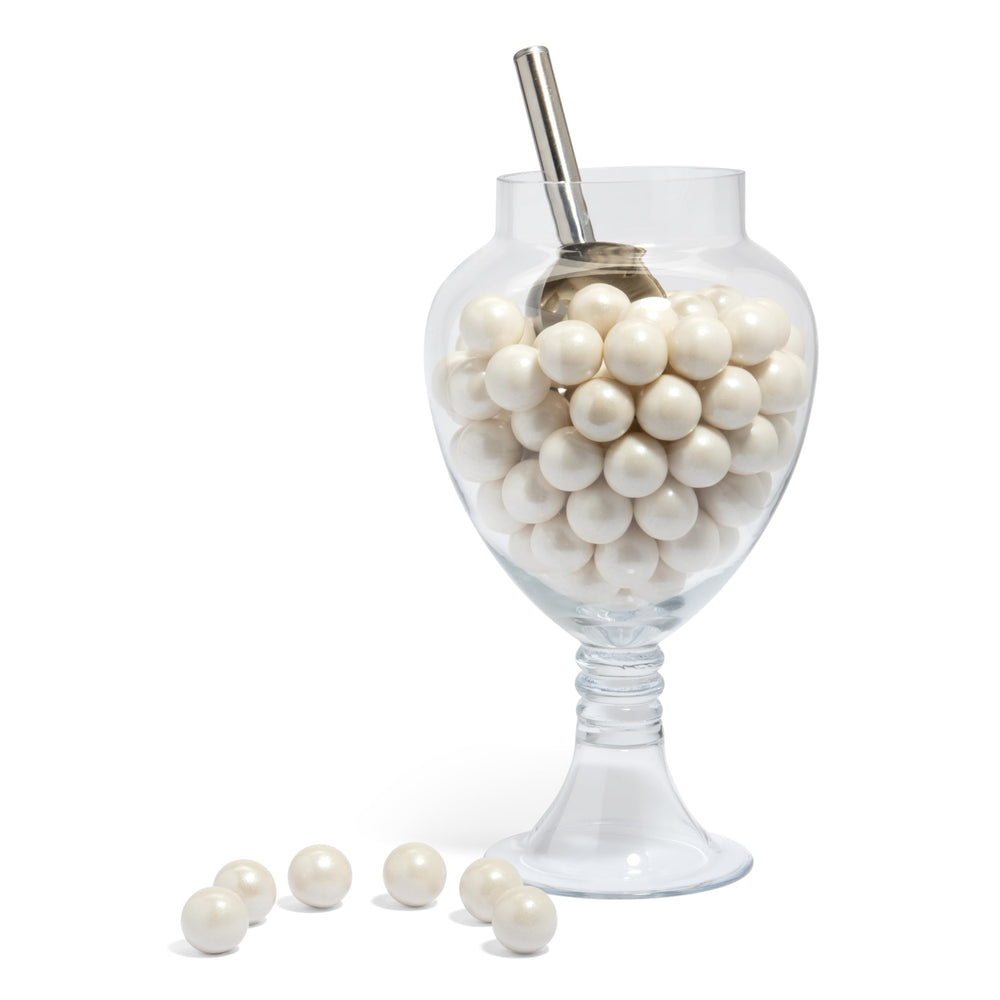 Candy Envy Shimmer White Gumballs on a party table setup