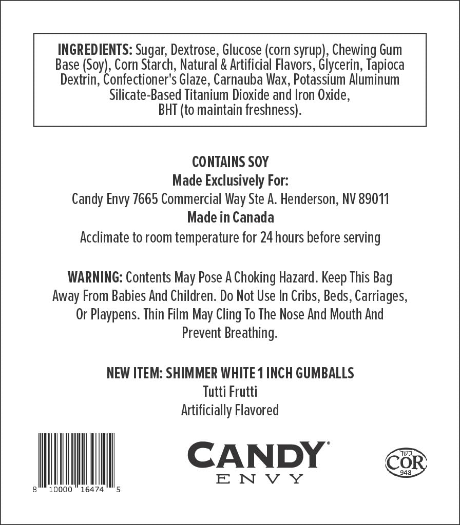 Candy Envy Shimmer White Gumballs being poured for display