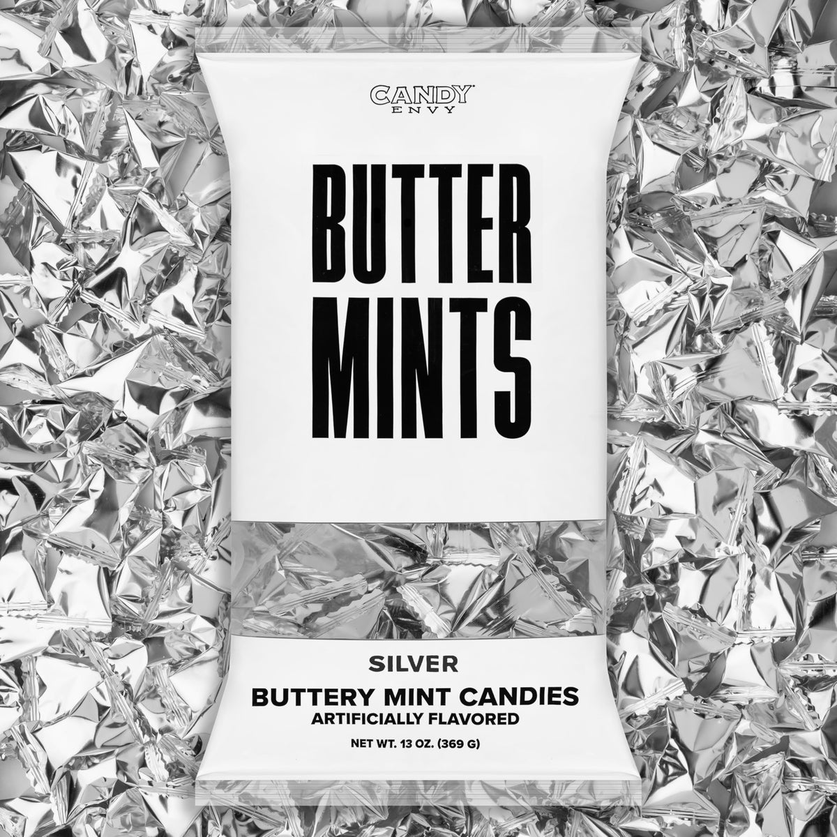 Candy Envy silver-foil buttermints bag ideal for wedding favors and celebrations.