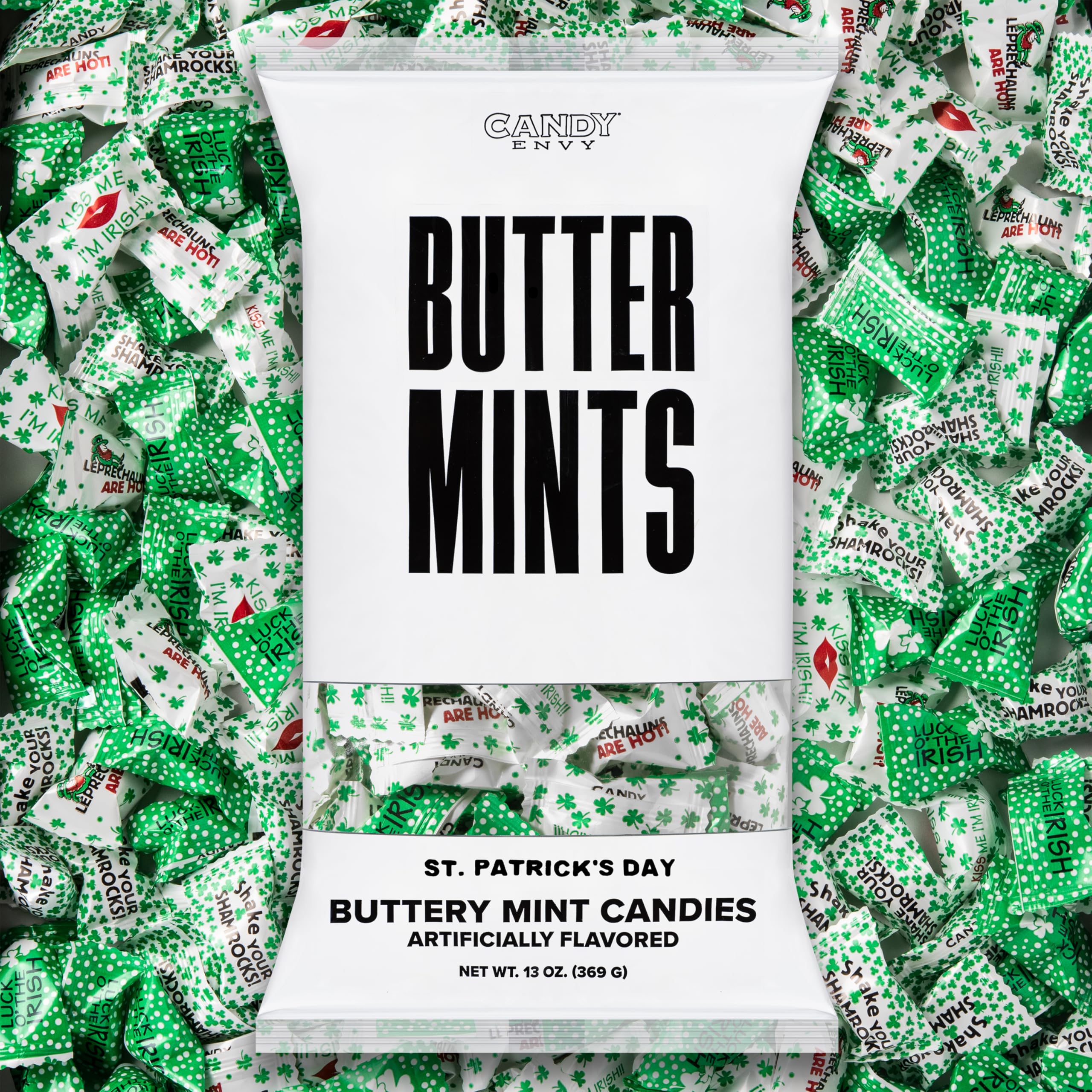 Candy Envy St. Patrick's Day buttermints bag with festive wrapper, great for parties.