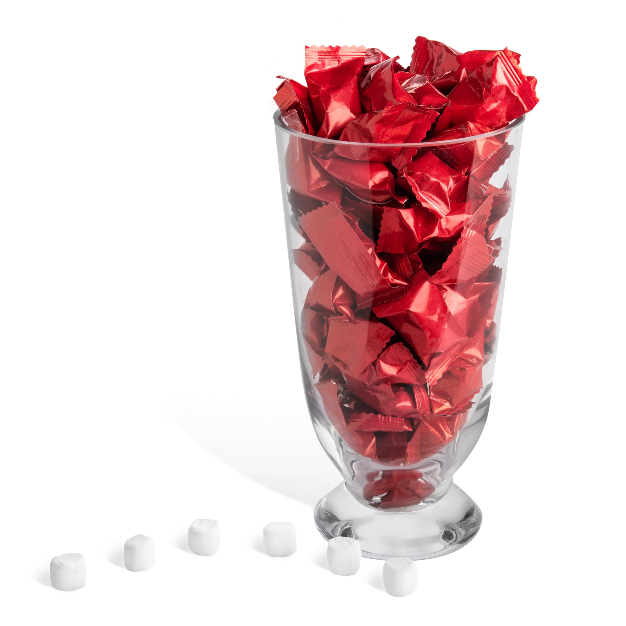 Candy Envy wedding-table display idea, red-wrapped buttermints add charm.