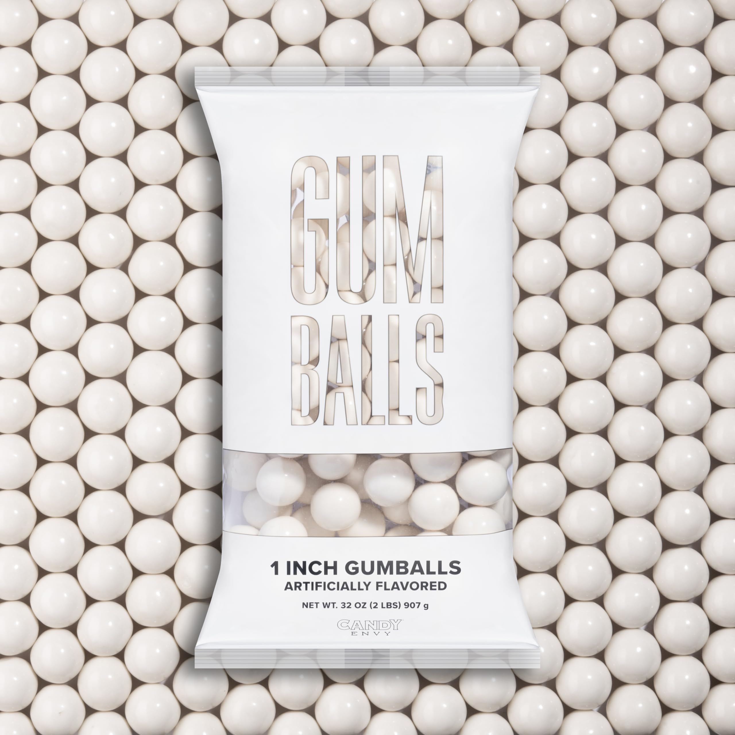 Candy Envy white gumballs in bag show clean, candy-white appeal for events