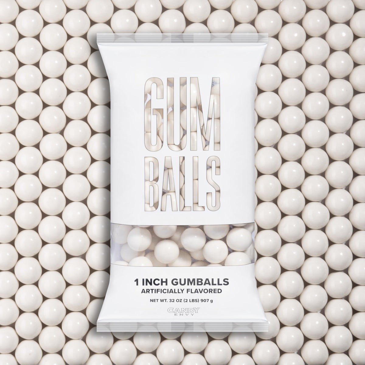 Candy Envy white gumballs in bag show clean, candy-white appeal for events