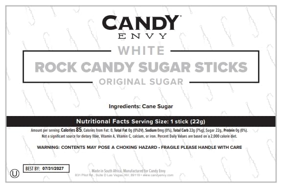 Candy Envy White Rock Candy Stick, clear wrap presentation enhances display.