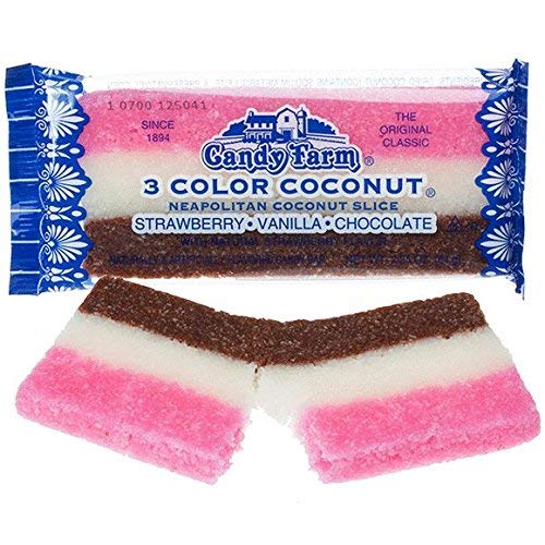Candy Farm Neapolitan Coconut Slices bars, nostalgic chewy snack for sharing