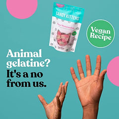 Candy Kittens Sour Watermelon ingredients label close-up, vegan and palm oil free recipe.