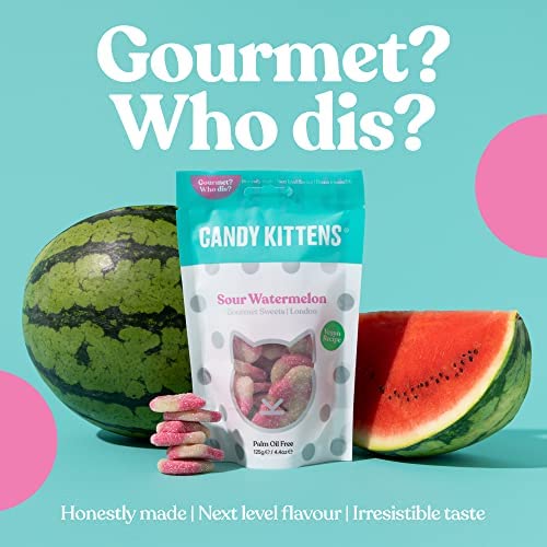 Candy Kittens Sour Watermelon gummies close-up, glossy and vibrant for a tangy mood boost.