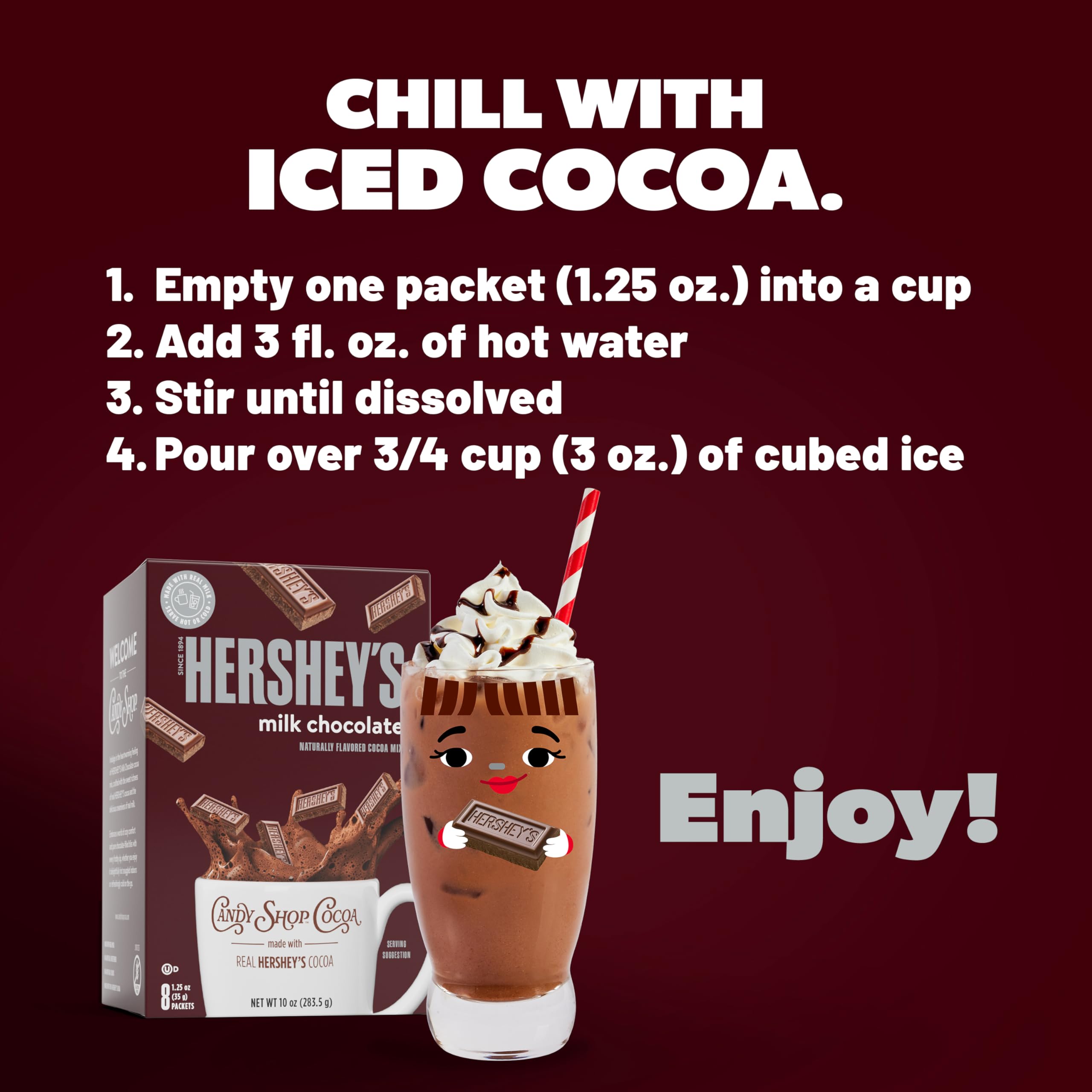 Candy Shop Cocoa iced serving on glass highlights refreshing cold cocoa option.