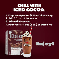 Candy Shop Cocoa iced serving on glass highlights refreshing cold cocoa option.