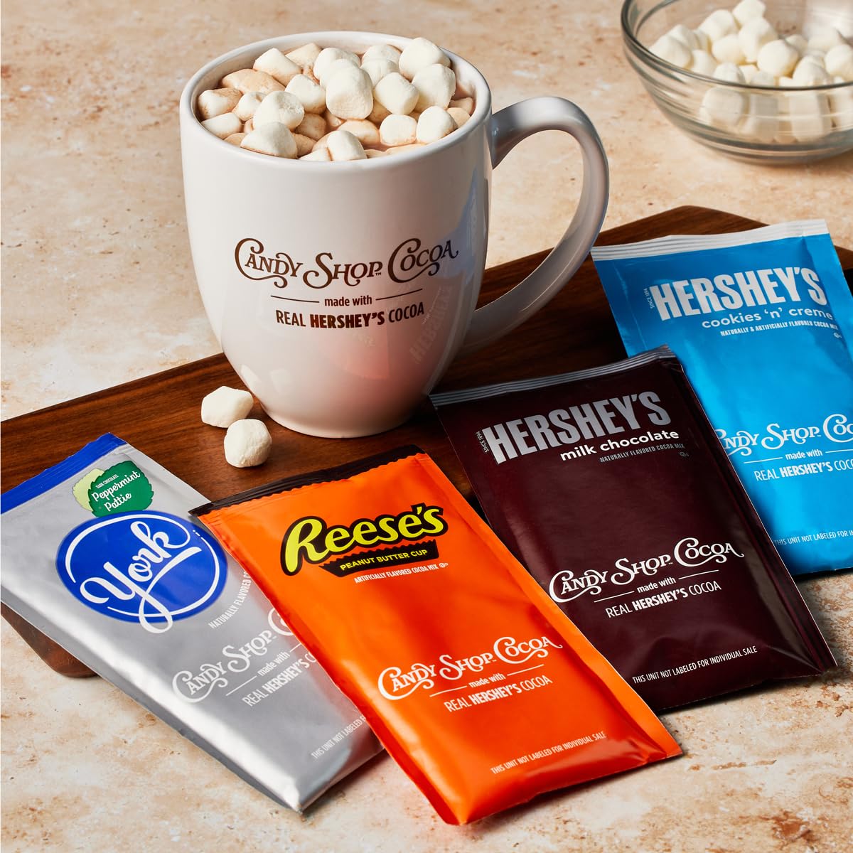Gluten-free and kosher dairy certified label on Candy Shop Cocoa Mix packaging.