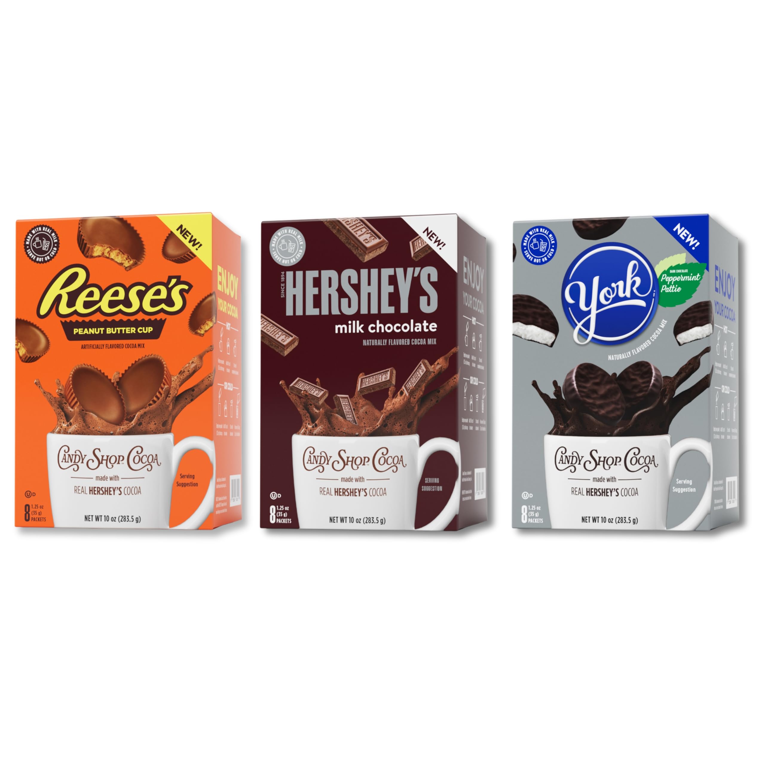 Candy Shop Cocoa Mix Variety Pack front packaging showing three flavors for cozy beverages.
