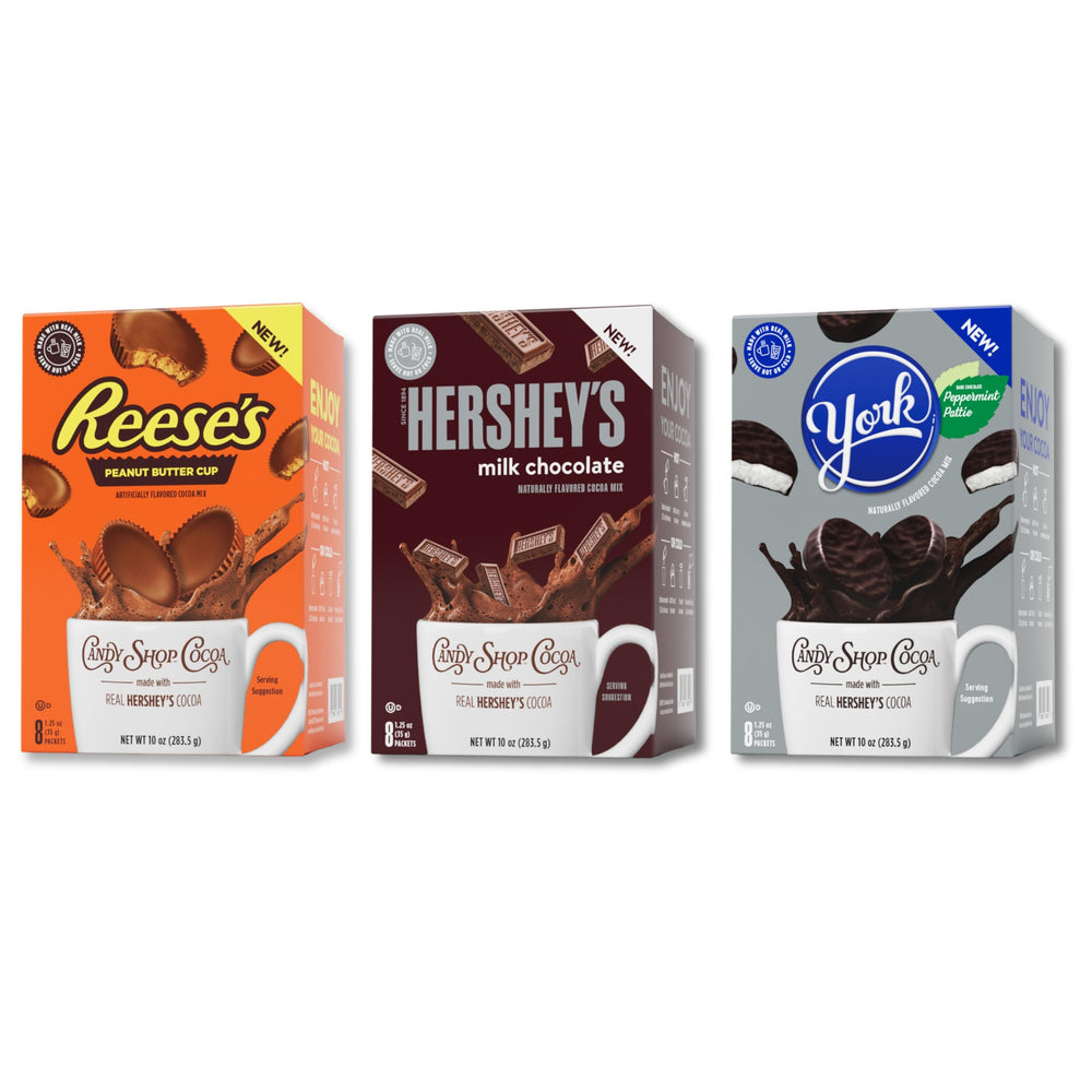 Candy Shop Cocoa Mix Variety Pack front packaging showing three flavors for cozy beverages.