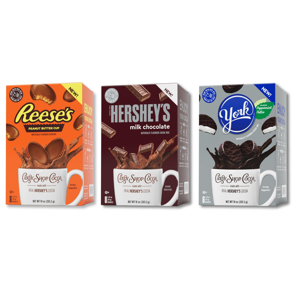 Candy Shop Cocoa Mix Variety Pack front packaging showing three flavors for cozy beverages.